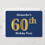 Invitation Blue, Faux Gold 60th Birthday Party   Nom personna<br><div class="desc">Cette conception d'invitation comporte le numéro ordinal "60ème" avec un aspect faux or. Il est également doté d'un nom personnalisé et d'un arrière - plan bleu. Il pourrait être utilisé pour les invitations à la fête du soixantième anniversaire de quelqu’un.</div>