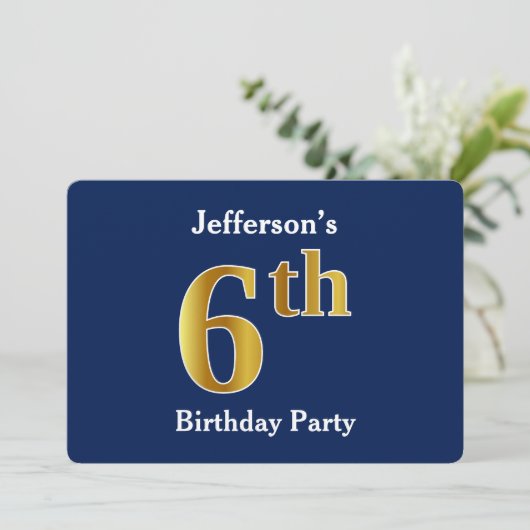Invitation Blue, Faux Gold 6e fête d'anniversaire + Nom perso (Debout devant)