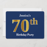 Invitation Blue, Faux Gold 70th Birthday Party   Custom Name<br><div class="desc">Ce design d'invitation comporte le numéro ordinal "70th" avec une apparence d'or. Il comporte également un nom customisé et un arrière - plan bleu. Il pourrait être utilisé pour invitation des gens à la soixante-dixième fête d’anniversaire de quelqu’un.</div>