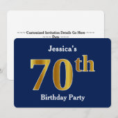 Invitation Blue, Faux Gold 70th Birthday Party + Nom personna (Devant / Derrière)