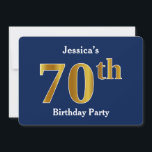 Invitation Blue, Faux Gold 70th Birthday Party   Nom personna<br><div class="desc">Cette conception d'invitation comporte le numéro ordinal "70e" avec un aspect faux or. Il comporte également un nom customisé et un arrière - plan bleu. Il pourrait être utilisé pour invitation des gens à la fête du soixante-dixième anniversaire de quelqu’un.</div>