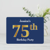 Invitation Blue, Faux Gold 75e fête d'anniversaire + Nom pers (Debout devant)