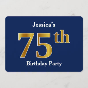 Invitation Blue, Faux Gold 75e fête d'anniversaire + Nom pers