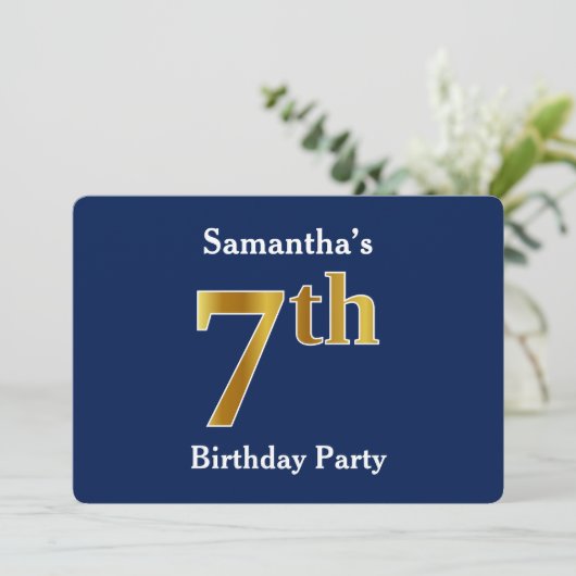 Invitation Blue, Faux Gold 7e fête d'anniversaire + Nom perso (Debout devant)
