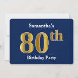 Invitation Blue, Faux Gold 80th Birthday Party   Nom personna<br><div class="desc">Cette conception d'invitation comporte le numéro ordinal "80e" avec un aspect faux or. Il comporte également un nom customisé et un arrière - plan bleu. Il pourrait être utilisé pour les invitations à la fête du quatre-vingtième anniversaire de quelqu’un.</div>