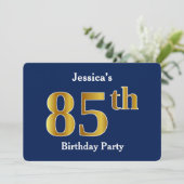 Invitation Blue, Faux Gold 85e fête d'anniversaire + Nom pers (Debout devant)
