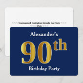 Invitation Blue, Faux Gold 90th Birthday Party + Nom personna (Devant / Derrière)