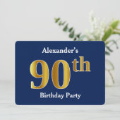 Invitation Blue, Faux Gold 90th Birthday Party + Nom personna (Debout devant)