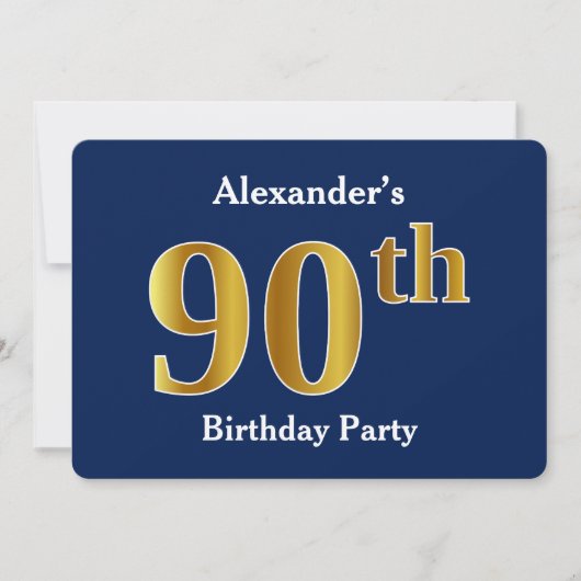 Invitation Blue, Faux Gold 90th Birthday Party + Nom personna (Devant)