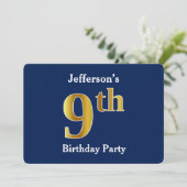 Invitation Blue, Faux Gold 9e fête d'anniversaire + Nom perso (Debout devant)