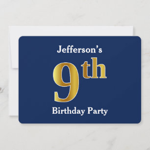 Invitation Blue, Faux Gold 9e fête d'anniversaire + Nom perso