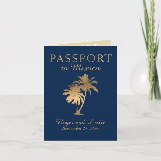 Invitation Blue Faux Gold Foil Cancun Mexique Passeport Maria (Devant)