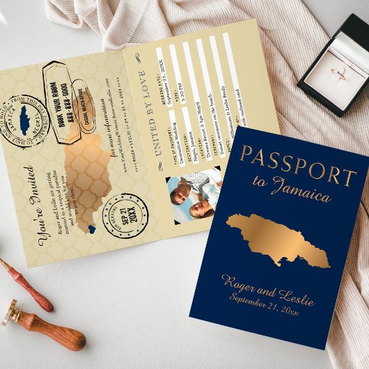 Invitation Blue Faux Gold Foil Jamaïque Passeport Mariage