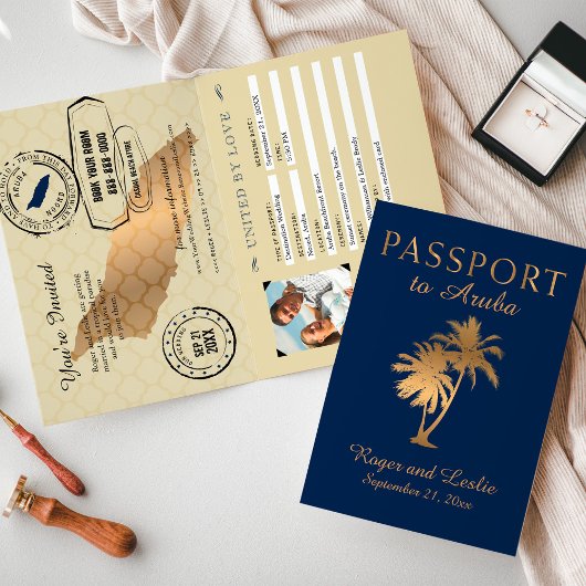 Invitation Blue Faux Gold Foil Mariage de passeport Aruba