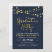 Invitation Blue Faux Gold Strings of Lights Graduation Party (Devant)