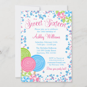 Invitation Blue Faux Parties scintillant Candy thème Sweet 16