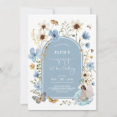 Invitation Blue Fleur sauvage Fairy 1er anniversaire fête (Devant)