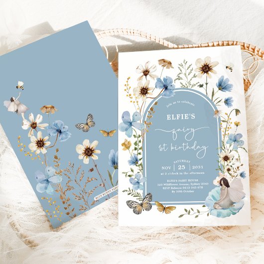 Invitation Blue Fleur sauvage Fairy 1er anniversaire fête