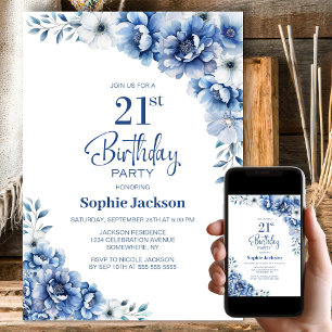 Invitation Blue Floral 21e fête d'anniversaire