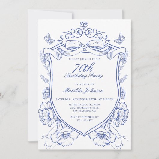 Invitation Blue Floral 70e fête d'anniversaire (Devant)