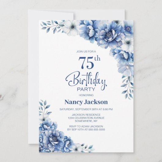 Invitation Blue Floral 75e fête d'anniversaire (Devant)
