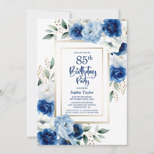 Invitation Blue Floral 85e fête d'anniversaire (Devant)