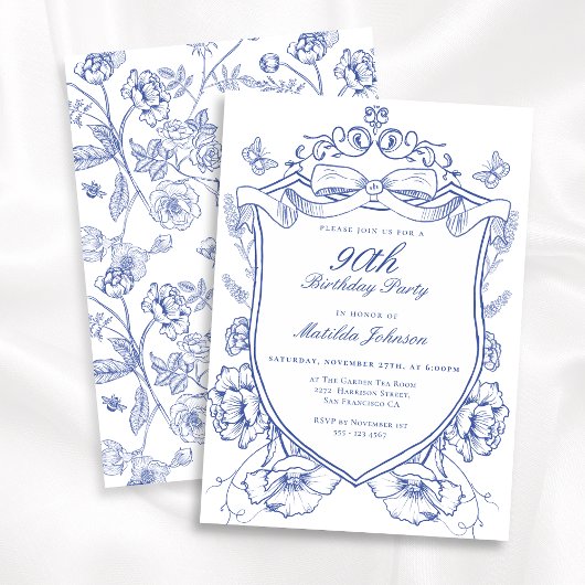 Invitation Blue Floral 90e fête d'anniversaire
