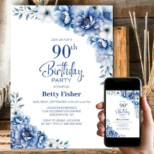 Invitation Blue Floral 90e fête d'anniversaire