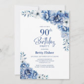 Invitation Blue Floral 90e fête d'anniversaire (Devant)