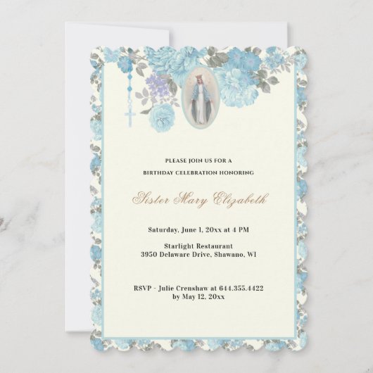 Invitation Blue Floral Anniversaire Religieux Rosaire Invitat (Devant)
