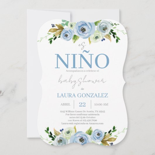 Invitation Blue Floral Baby shower espagnol garçon (Devant)