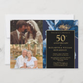 Invitation Blue Floral Black Gold 50e Anniversaire 2 Photo (Devant)