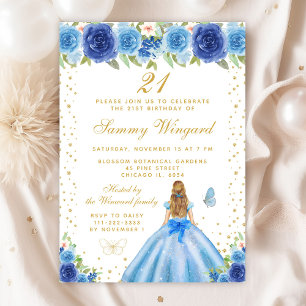 Invitation Blue Floral Blonde Hair Princess Anniversaire