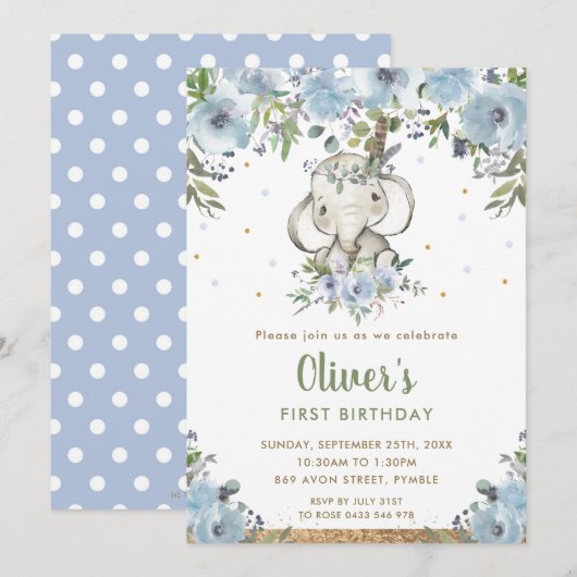 Invitation Blue Floral Boho Tribal Elephant Boy 1er anniversa (Devant / Derrière)