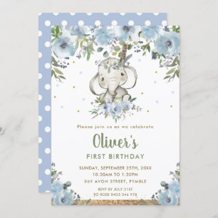 Invitation Blue Floral Boho Tribal Elephant Boy 1er Anniversa
