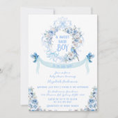 Invitation Blue Floral Bow Crest Sweet Baby Baby shower garço (Devant)