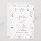 Invitation Blue Floral Bow Elegant Christian Girl Baptism (Devant)