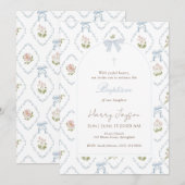 Invitation Blue Floral Bow Elegant Christian Girl Baptism (Devant / Derrière)