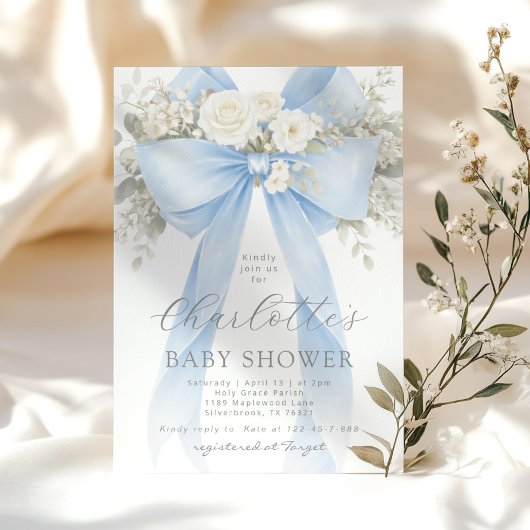 Invitation Blue Floral Bow It's a Boy Baby Shower