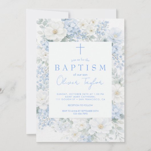 Invitation Blue Floral  Boy  Baptism (Devant)