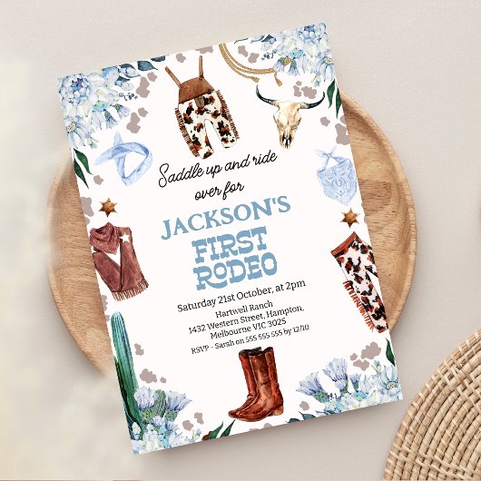 Invitation Blue Floral Boys Premier rodéo 1er anniversaire