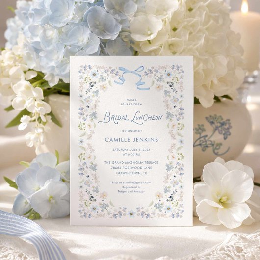 Invitation Blue Floral Bridal Luncheon with Bow