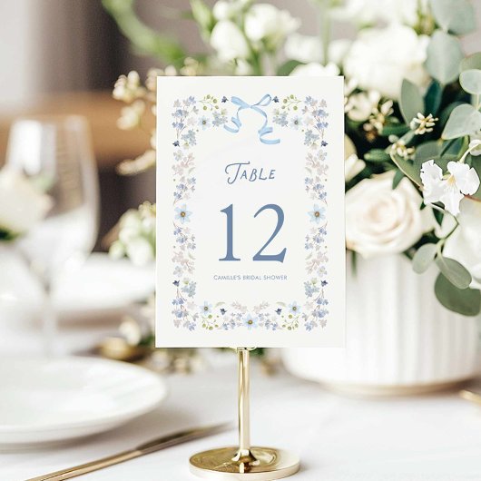 Invitation Blue Floral Bridal Shower Table Number Card
