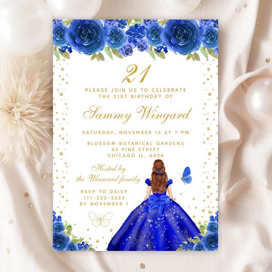 Invitation Blue Floral Brown Hair Princess Anniversaire
