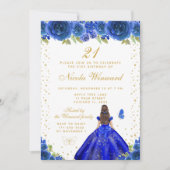 Invitation Blue Floral Brunette Princess Birthday Party (Devant)