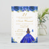 Invitation Blue Floral Brunette Princess Birthday Party (Debout devant)