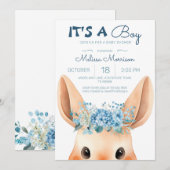 Invitation Blue Floral Bunny Baby Boy Douche (Devant / Derrière)