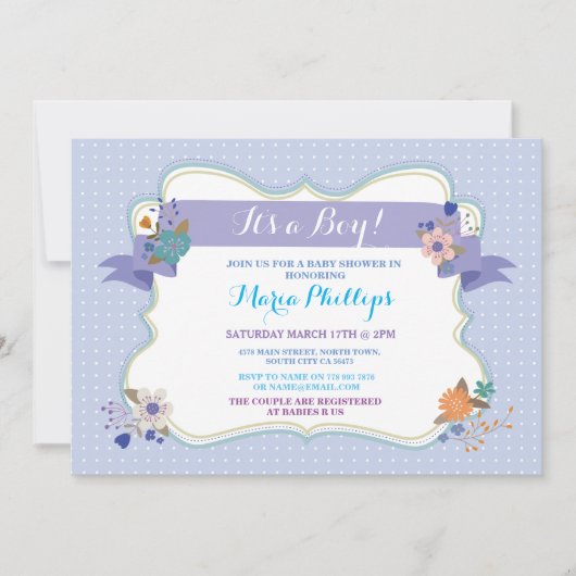 Invitation Blue Floral C'est un garçon / Twins Baby shower In (Devant)