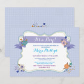 Invitation Blue Floral C'est un garçon / Twins Baby shower In (Devant / Derrière)