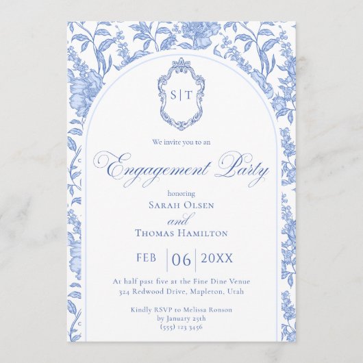 Invitation Blue Floral Chinoiserie Monogram Engagement Party (Devant)